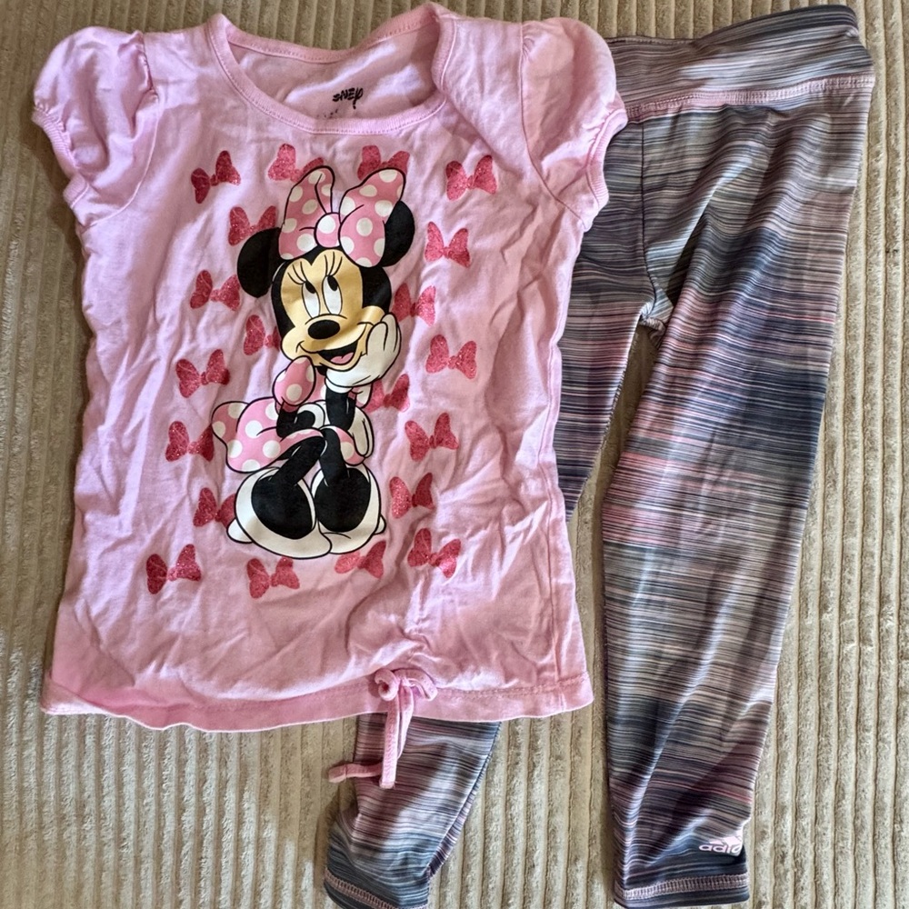 Girls 4T Disney‎ Minnie Mouse Shirt + Adidas Leggings Outfit Set Pink